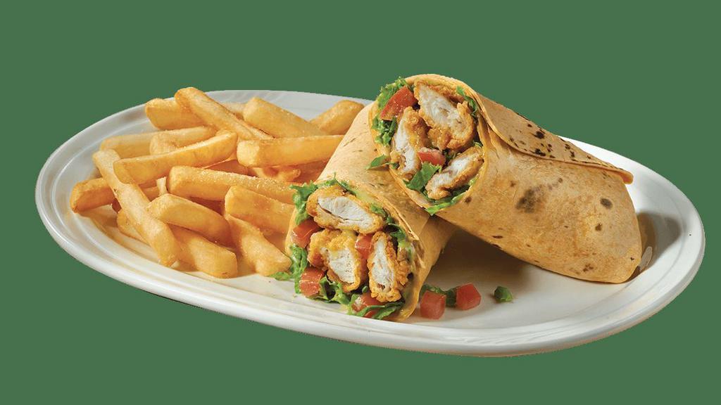 Chicken Wrap (Grilled Or Crispy) · Your choice of grilled or crispy chicken topped with lettuce, tomato and Honey Mustard dressing all wrapped up in a tomato tortilla.  Served with a side of golden fries.