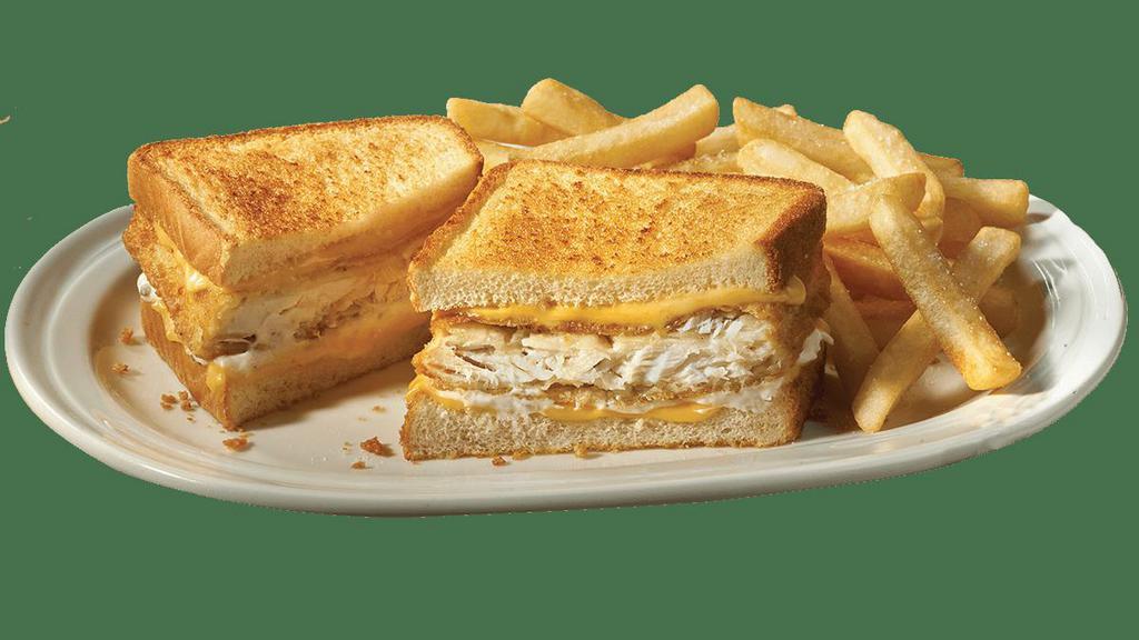 Fishamajig® Supermelt® · Traditional golden breaded Haddock topped off with melted American cheese and tartar sauce on grilled white bread.   Served with a side of golden fries.
