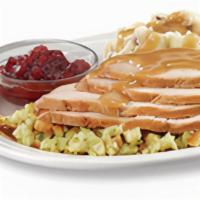 Turkey Dinner - Serves 4-5 · Sliced Turkey Breast with  flavorful stuffing and turkey gravy and cranberry sauce.  Served ...