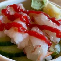 Botan Ebi Rice Cup · raw sweet shrimp, avocado, cucumber, shiso leaf, plum paste, ginger, wasabi, sesame seeds