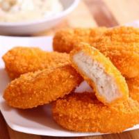Chicken Nuggets (6 Pcs) · Golden, crispy bite sized chicken pieces, perfect for dipping. Choose a sauce and side!