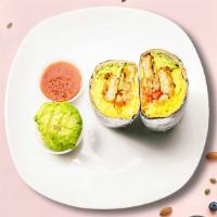 Avocadazzle Breakfast Burrito · Avocado, eggs, tater tots, cheddar cheese, tomatoes, and caramelized onions wrapped in a flo...