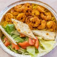 Grilled Shrimp Platter · Served with Basmati Rice, Lettuce, Sauteed Onions & Pita Bread.