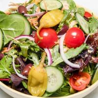 A Big Salad! · Italian style dressing: Vinaigrette, olive oil, black pepper. Mesclun Mix Greens.