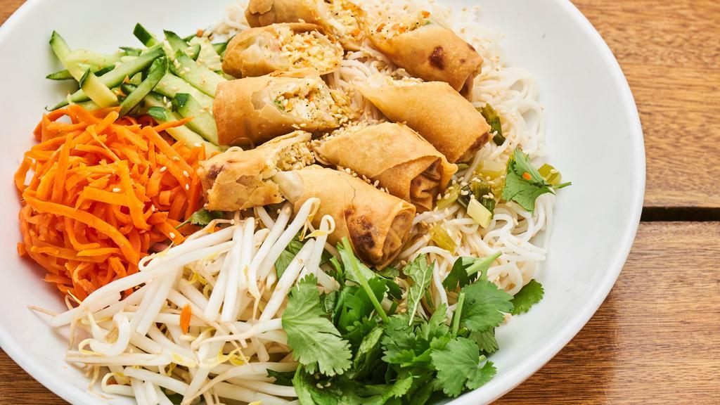 Spring Roll Bowl · Minced shrimp and pork, cucumbers, pickled carrot, bean sprouts, mint, cilantro & peanuts.