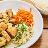 Crispy Tofu · Ightly dipped in a scallion infused honey- fish lime dressing  and pickled carrots & cabbage.