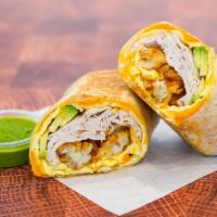 Smoked Turkey, Avocado, Egg, & Cheddar Breakfast Burrito  · 3 fresh cracked, cage-free scrambled eggs, melted Cheddar cheese, sliced smoked deli turkey,...