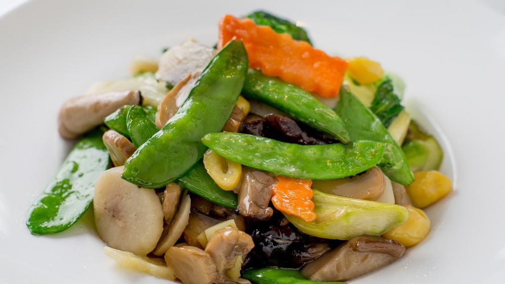 Buddha'S Delight · A mixture of water chestnuts, three types of mushrooms lily, bamboo shoots, snow peas, baby corn, tree ears, and dried bean curd.