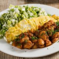 Feta Omelette · Feta filled omelette flanked by yigantes beans and maroulosalata.