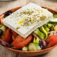 Horiatiki Salad · Traditional no-lettuce-having-Greek salad with chunky tomatoes, onions, cucumber, bell peppe...