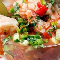 Shrimp Cocktail · Shrimp, tomato, onions, cilantro, ketchup, and avocado.