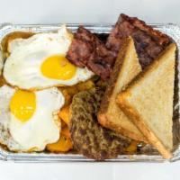 Bacon, Sausage, 2 Eggs & Home Fries · Served with toast.