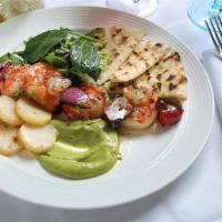 Shrimp Platter · served with tzatziki, lemon potatoes, cherry tomato salad, and grilled pita
