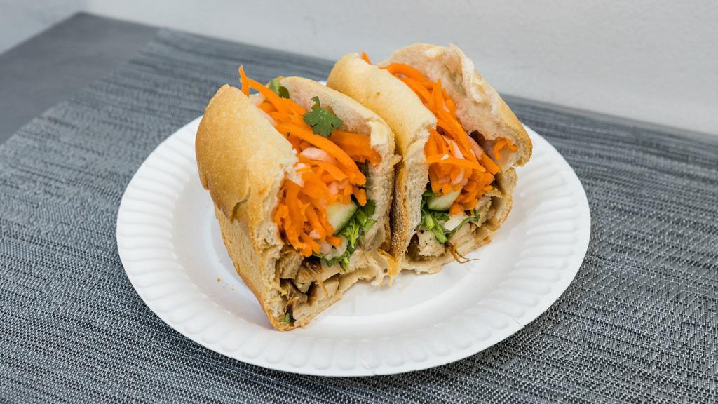 Grilled Chicken Sandwiches · Popular. Come with butter, mayo, cucumber, cilantro, julienne carrots & daikon radish, served on a toasted French baguette.