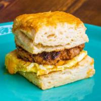 Egg & Cheese Biscuit Sandwich · chorizo or guac.