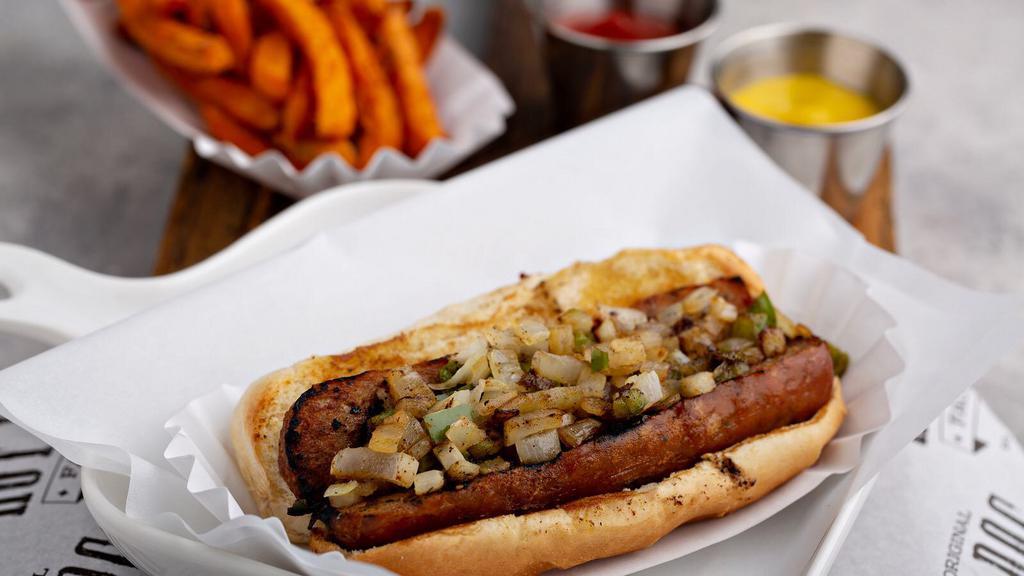 Italian Dog · Deep-fried Italian sausage topped with grilled bell peppers and onions.
