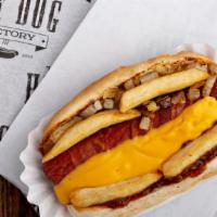 La Dog · Bacon wrapped beef hot dog topped with chili cheese fries and grilled onions.