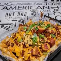 Factory Loaded Fries · Large chili cheese fries with shredded bacon, diced hot dogs, jalapeño, green onions and try...