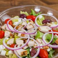 Mediterranean Salad · Chopped romaine lettuce, plum tomatoes, cucumber, red onion, chick peas, kalamata olives, an...