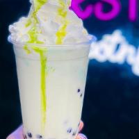Pistachio Bubble Milk Tea · Scoop of pistachio ice cream.