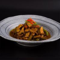Kua Gling · Very spicy. Sauteed with bell peppers, kaffir lime leaves & chili paste.