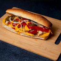 Chicken Cheesesteak · Grilled chicken with whiz, peppers, and onions.