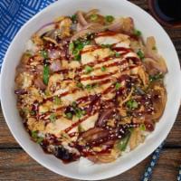 Teriyaki Chicken Bowl · Grilled chicken breast, red onions, green onions over white rice topped with teriyaki sauce,...