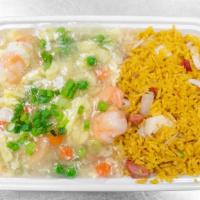 Shrimp With Lobster Sauce · Served with fried rice or white rice and can soda .