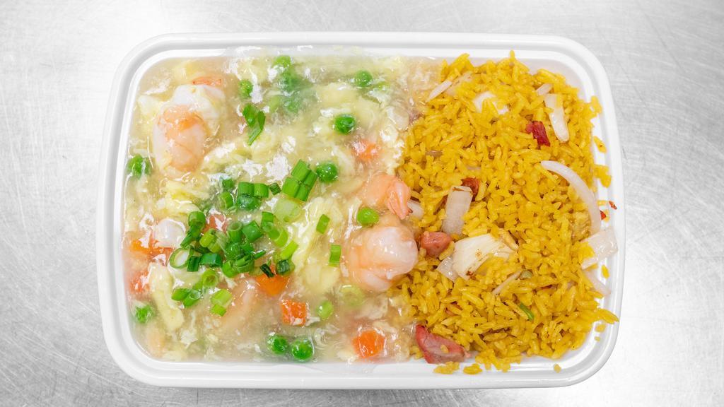 Shrimp With Lobster Sauce · Served with fried rice or white rice and can soda .