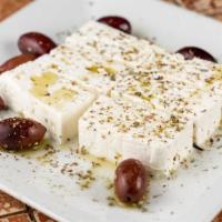 Feta Cheese · Come with Kalamata olives, extra virgin olive oil, and oregano. Served with hot pita bread.