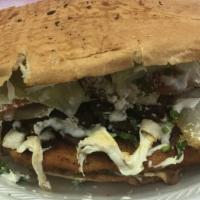 Torta Chingona · Lettuce, chicken cutlet, salty beef, grilled onion, grilledjalapeño, chipotle, avocado, mayo...
