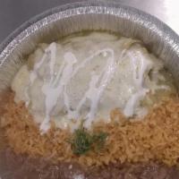 Enchiladas Suizas · Verdes (green sauce) or rojas (red sauce) arroz y frijoles (rice & beans), pollo (chicken) o...