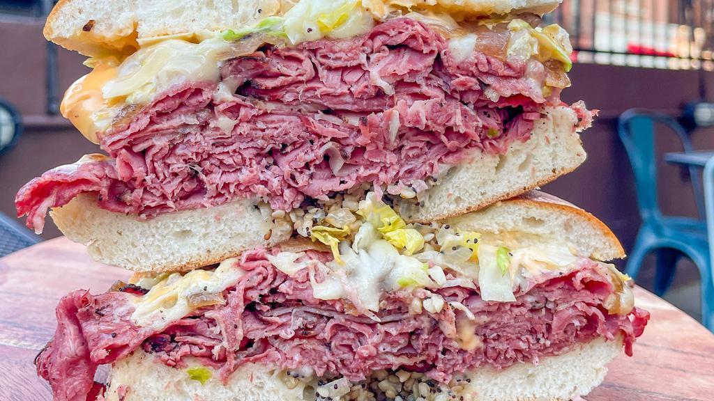 Bb Reuben · Hot pastrami, melted swiss, caramelized onions,iceberg lettuce, russian dressing