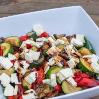 Grilled Veg Salad · Mesclun, grilled eggplant, roasted peppers, grilled mushrooms, grilled zucchini, mozz, olive...