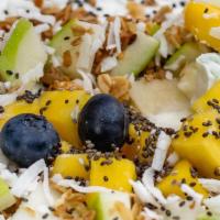 Tropical · Greek yogurt, pineapple, mango, coconut flakes, flax seeds