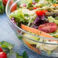 House Salad · Mixed greens, tomatoes, cucumbers, carrots, maple balsamic vinaigrette.