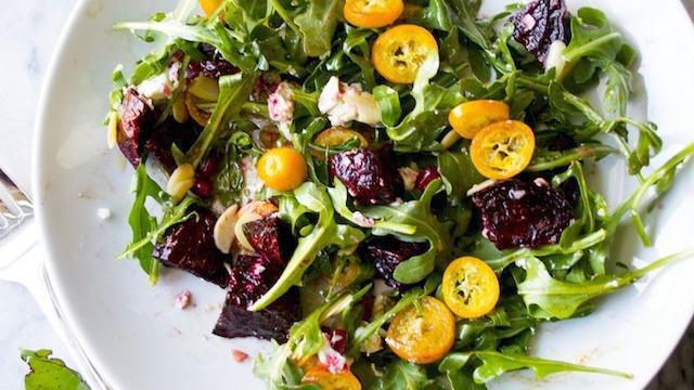 Sweetheart Beet Salad · Organic beets, mixed greens, tomatoes, cucumbers, carrots, pistachios (nut allergy), feta cheese, pomegranate glaze reduction, balsamic vinaigrette.