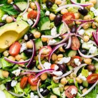 Mediterranean Salad · Organic tomatoes, red onions, carrots, olives, feta cheese, seasoned croutons, organic mix g...