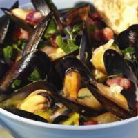 Mussels With Bacon · Wild organic PEI mussels, white wine sauce, smoked bacon lardons, garlic, onions, parsley, t...