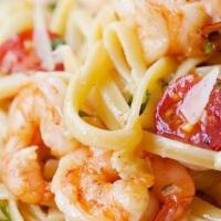 Linguini Shrimp Scampi · Marinated wild gulf shrimps, parsley, thyme, garlic, butter, white wine lemon sauce, 5 month...