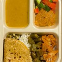 Veggie Plate · Okra, Spicy Indian Chinese Cauliflower, Moong Sprouts, Basmati Rice, small Roti (Whole Wheat...