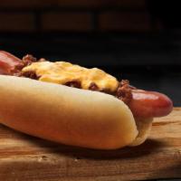 Chili Cheese Dog · Nathan's Famous all-beef hot dog topped with our delicious chili and cheddar cheese.