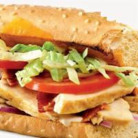 Mesquite Chicken Sub · Oven roasted chicken breast strips, bacon, cheddar cheese, tomato, red onion, shredded lettu...