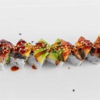 Cali Dragon · California roll topped with eel and avocado, special sauce.