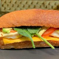 Social House Breakfast Sandwich  · Crispy Bacon,  Ham ,Eggs, American Cheese ,Tomato,Mixed Greens on fresh Ciabatta Bread