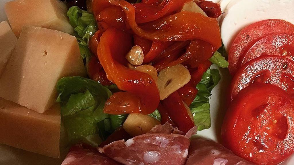Cold Antipasto · Meats, cheeses, red peppers, artichoke hearts, olives.