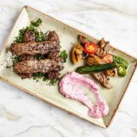 Kafta · spiced ground beef & lamb / sumac garlic whip / seasonal grilled vegetables