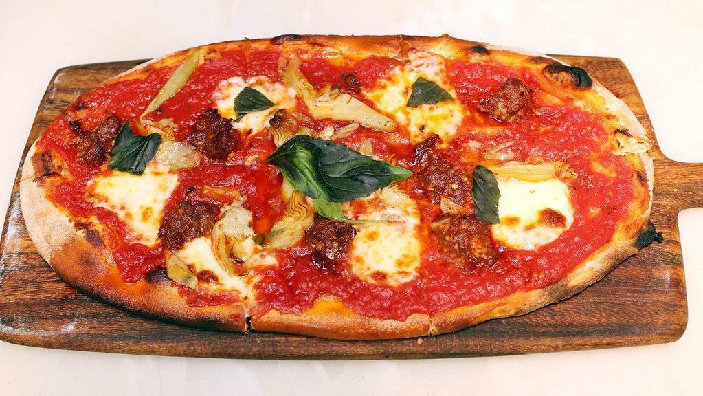 Nduja & Carciofi Pizza · Contains roasted peppers. Spicy, spreadable pork salami, artichokes, san marzano tomato and mozzarella.