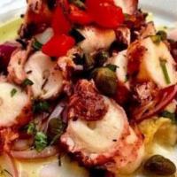 Octapodi · Gluten free. Grilled baby octopus, capers, red peppers and onions in a red wine vinaigrette.