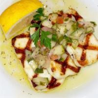 Halloum · Gluten free. Vegetarian. Grilled Cypriot cheese with tomatoes, onions, and cucumber relish i...